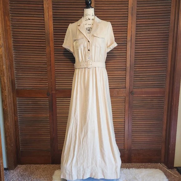 Anne Klein Foiled Light Coffee Maxi Shirt Dress - Picture 2 of 14